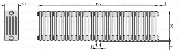 Схема (чертеж) Радиатор Zehnder Charleston 5050/32 №5410 Белый глянцевый RAL 9016